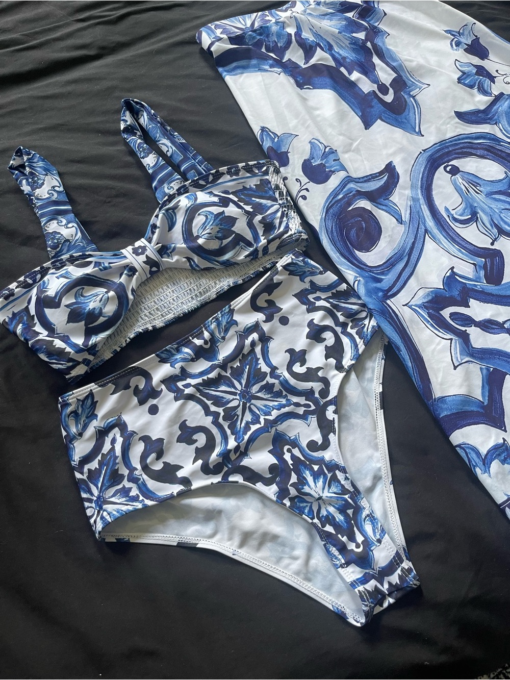 New. Blue & White Tile Print Bikini + skirt Set